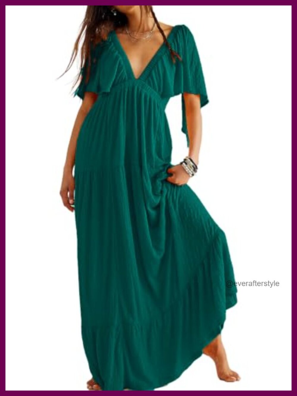 V-Neck Maxi Dress Tiered Flutter Sleeve Backless Flowy Summer Dress
